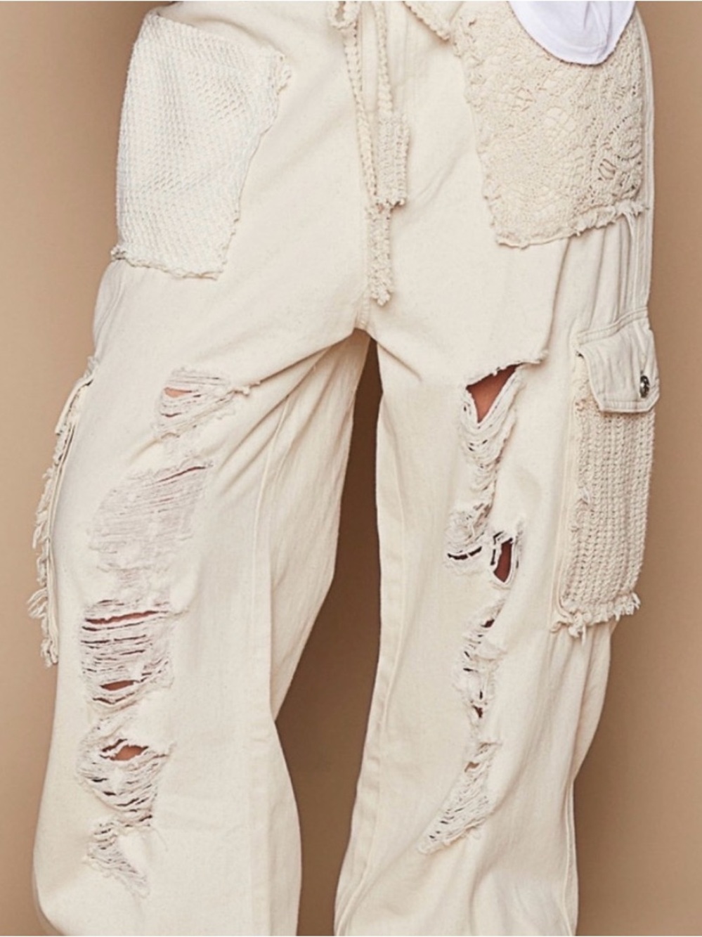 #1379 POL Pink Distressed Cargo Track Pants with Crochet Pockets - Picture 9 of 14